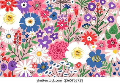 Beautiful flower seamless pattern with hand-drawn floral elements. Blossom botanical vector background for decor, easter, print, or textile design