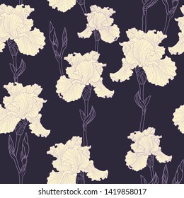 Beautiful flower seamless pattern. Light irises with pink stroke on violet background. 