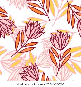 Beautiful flower seamless pattern. Simple outline floral wallpaper. Cute plants endless wallpaper. Design for fabric, textile print, wrapping, cover. Vector illustration