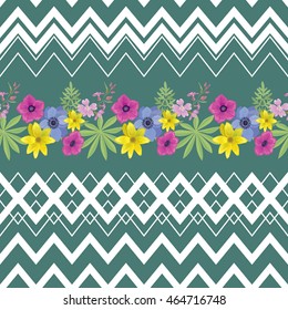 Beautiful Flower Seamless Pattern with Zigzag Stripes . Summer Fashion Background. Vector Ornament for Fabric, Wrapping, Wallpaper.