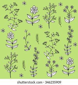 Beautiful Flower set vector seamless pattern with green background.