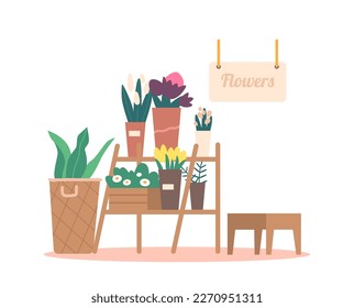 Hermosa Pantalla De Tienda De Flores Con Una Serie De Coloridos Blooms En La Bandeja De Madera Y Cartel Colgante