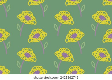 Beautiful flower springtime and summer field, garden. Floral, botanical, plants, doodle art. Trendy, stylish, fashionable, seamless vector pattern for design and decoration.