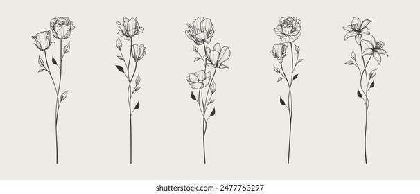 Beautiful flower with stem line art illustration set