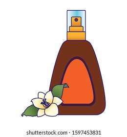 beautiful flower and sun bronzer spray bottle icon over white background, colorful design, vector illustration