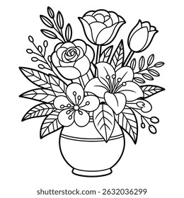 A beautiful flower vase line drawing coloring page