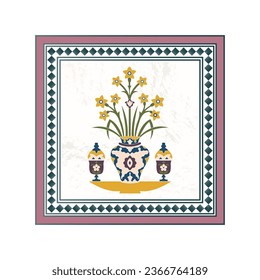 Beautiful flower vase on marble , recreated minitature stone work in mughal style , vector , for wall art bags stationary cushion  crockery