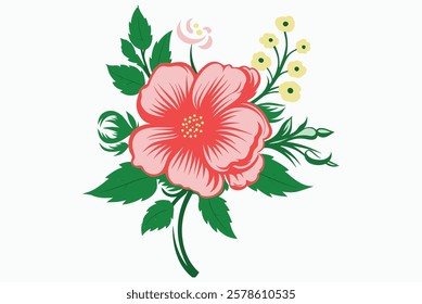 A beautiful flower vector illustration featuring a pink flower whit green leaves and some yellow buds. Perfect for invitations, greeting cards and textile design 