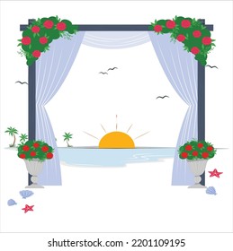 Hermoso marco de Boda en la playa. Ilustración vectorial de color plano de boda en la playa. Carretera floral. Puerta con flores para el servicio matrimonial. Arreglo tropical. Caricatura 2D del servicio matrimonial