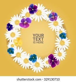 Beautiful flower wreath on yellow background with place for your text or image. Vector illustration for graphic design.