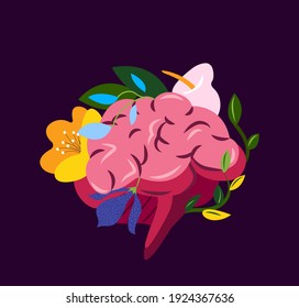 Beautiful Flowered Brain System,Cerebrum Structure.Flower Anatomy.Floral Internal Organ.Neurology Organ.Cerebellum Health.Anatomical Bright Healthy Brain,Flowers,Herbal Nature.Flat Vector illustration