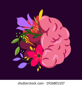 Beautiful Flowered Brain System,Cerebrum Structure.Flower Anatomy.Floral Internal Organ.Neurology Organ.Cerebellum Health.Anatomical Bright Healthy Brain,Flowers,Herbal Nature.Flat Vector illustration