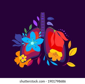 Beautiful Flowered Healthy Lungs.Breathing System,Flowers.Floral Internal Organ Human Lungs.Anatomical Respiratory System.Pulmonary Medicine,Poster,Banner, Pulmonology Clinic. Flat Vector illustration