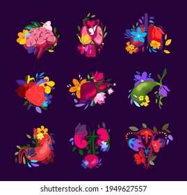 Beautiful Flowered Set of different Human Organs.Brain, Thyroid,Lungs,Heart,Liver,Stomach,Kidneys,Uterus in Flowers.Floral Internal Anatomy.Bright Healthy Guts,Flower Nature.Bloomy Vector illustration