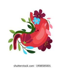 Beautiful Flowered Stomach System,Flowers.Floral Gastroenterology Internal Organ.Anatomical Bright Healthy Venter with Flowers,Herbal Nature. Drawn Bloomy Gaster Organ System. Flat Vector illustration