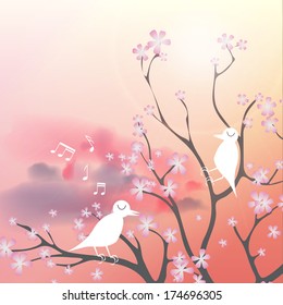 Beautiful Flowering Japanese Cherry Background with Flowers and Singing Birds on a Spring day - Vector Illustration