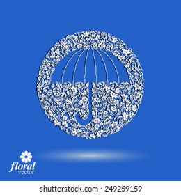 Beautiful flower-patterned umbrella. Stylized accessory, creative parasol, brolly graphic illustration, best for use in advertising and web design.