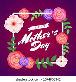 Beautiful flowers arranged on a square frame and text Happy Mother's Day on purple background.