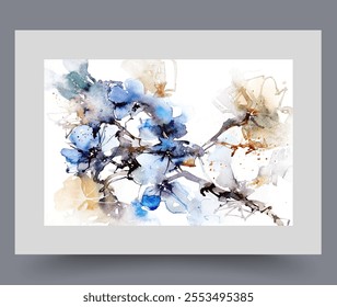 Beautiful flowers arrangement with buds on tree branch blooming after onset of spring. Botanical creative poster with organic flowers on bush growing in garden, for use in trendy design. Print, decor