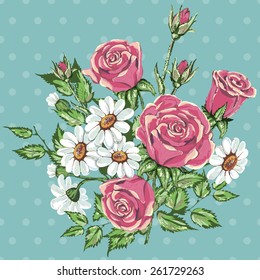 Beautiful flowers background.Seamless flower pattern vector.Polka dots pattern.Vintage.Rose& chamomile.