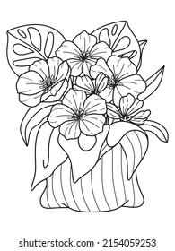 Beautiful flowers in bag outline illustration for coloring book