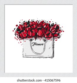 Beautiful flowers bag vector hand drawn fashion sketch. Label with glamour vogue flowers bag. Isolated element on white backdrop in wooden frame. Fashion vector illustration.