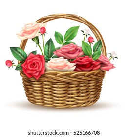 Beautiful flowers basket arrangement full with fine fresh roses for special occasions realistic close-up image vector illustration 