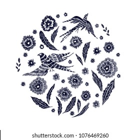 Beautiful flowers and birds pattern in retro style hand drawn. Spring summer season.Vector illustration for textile print. Embroidery design. Line art.
