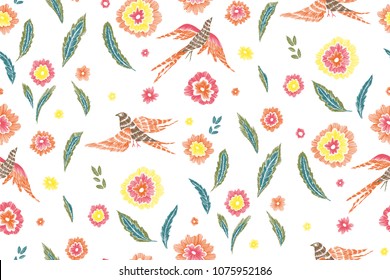 Beautiful flowers and birds seamless pattern in retro style hand drawn. Spring summer season.Vector illustration. Embroidery design. Line art.
