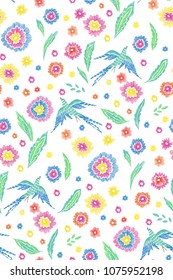 Beautiful flowers and birds seamless pattern in retro style hand drawn. Spring summer season.Vector illustration on white. Embroidery design. Line art.