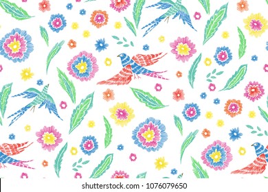 Beautiful flowers and birds seamless pattern in retro style hand drawn. Spring summer season.Vector illustration on white. Embroidery design. Line art.