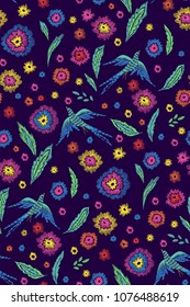 Beautiful flowers and birds seamless pattern in retro style hand drawn. Spring summer season.Vector illustration. Embroidery design. Line art.