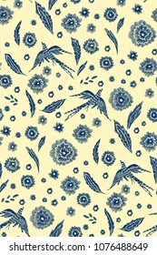Beautiful flowers and birds seamless pattern in retro style hand drawn. Spring summer season.Vector illustration on white. Embroidery design. Line art.