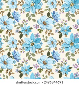 Beautiful flowers in blue tones, hand drawn, seamless, on a light background. Designed for fabric, fashion, textiles, wallpaper, gift wrap.