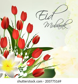 Beautiful flowers bouquet on abstract background for Muslim community festival Eid Mubarak celebrations. 