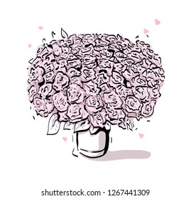 Beautiful flowers bouquet white box hand drawn fashion sketch. illustration