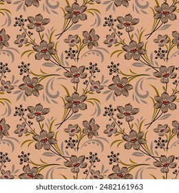 Beautiful flowers in brown tones Hand drawn seamless pattern on a light brown background Design ideas for fabric, textiles, gift wrap, wallpaper.