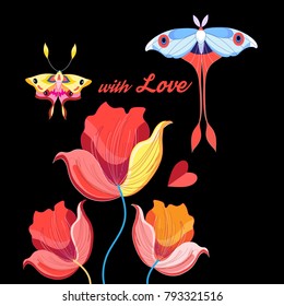 Beautiful flowers and butterflies to the day of all lovers on a dark background