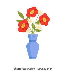 Beautiful Flowers in Ceramic Vase, Bouquet of Blooming Flowers for Interior Decoration Vector Illustration