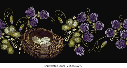 Beautiful flowers clover and bird nest. Horizontal seamless pattern. Summer meadow art. Botanical illustration. Fashionable template for design of clothes, textile