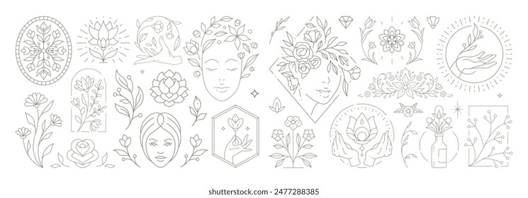 Hermosa colección floral con plantas y hojas botánicas. Emblemas de flores de arte de línea decorativa. Conjunto de ramos florales y Elementos para tarjeta de felicitación o Ilustración vectorial de diseño de invitación de boda