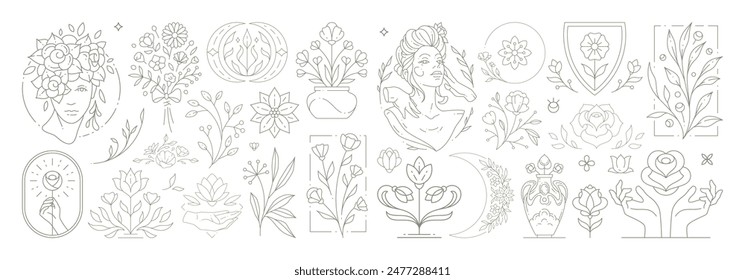 Beautiful flowers collection with botanical plants and leaves. Decorative line art flower emblems. Set of floral bouquets and elements for greeting card or wedding invite design Vector illustration