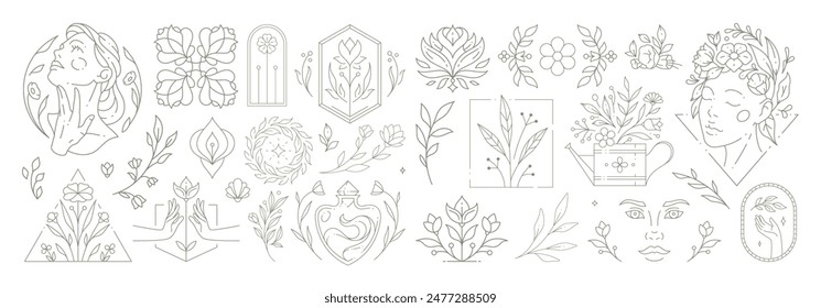 Beautiful flowers collection with botanical plants and leaves. Decorative line art flower emblems. Set of floral bouquets and elements for greeting card or wedding invite design Vector illustration