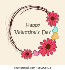 Beautiful flowers and colorful hearts decorated rounded frame for Happy Valentine's Day celebrations.