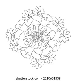beautiful flowers coloring page with pencil sketch drawing detailed in vector graphic of line art.  flower decoration and flower doodle art of design.