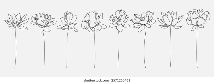 Beautiful Flowers Continuous Line Drawing Set. Botanical One Line Art Design. Black Sketch Blooming Flowers Collection. Floral Vector Illustration Contour Drawing. Not AI