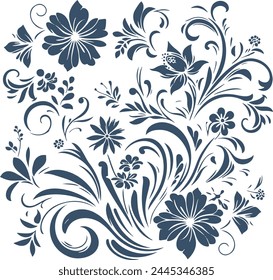 beautiful flowers and curls of leaves in monochrome vector illustration