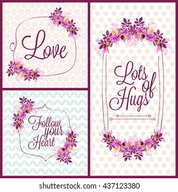 Beautiful flowers decoated, Love Cards set with creative typographic collection for Valentine's Day, Wedding, Birthday Party etc. celebration.