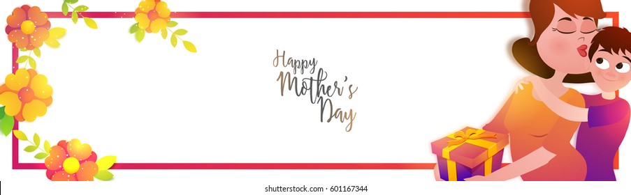 Beautiful flowers decorated banner design with illustration of a woman loving her son for Happy Mother's Day celebration.