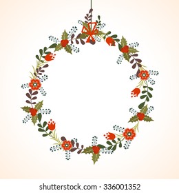 Hermosas flores adornadas con marco en blanco sobre fondo brillante para la celebración de Feliz Navidad.